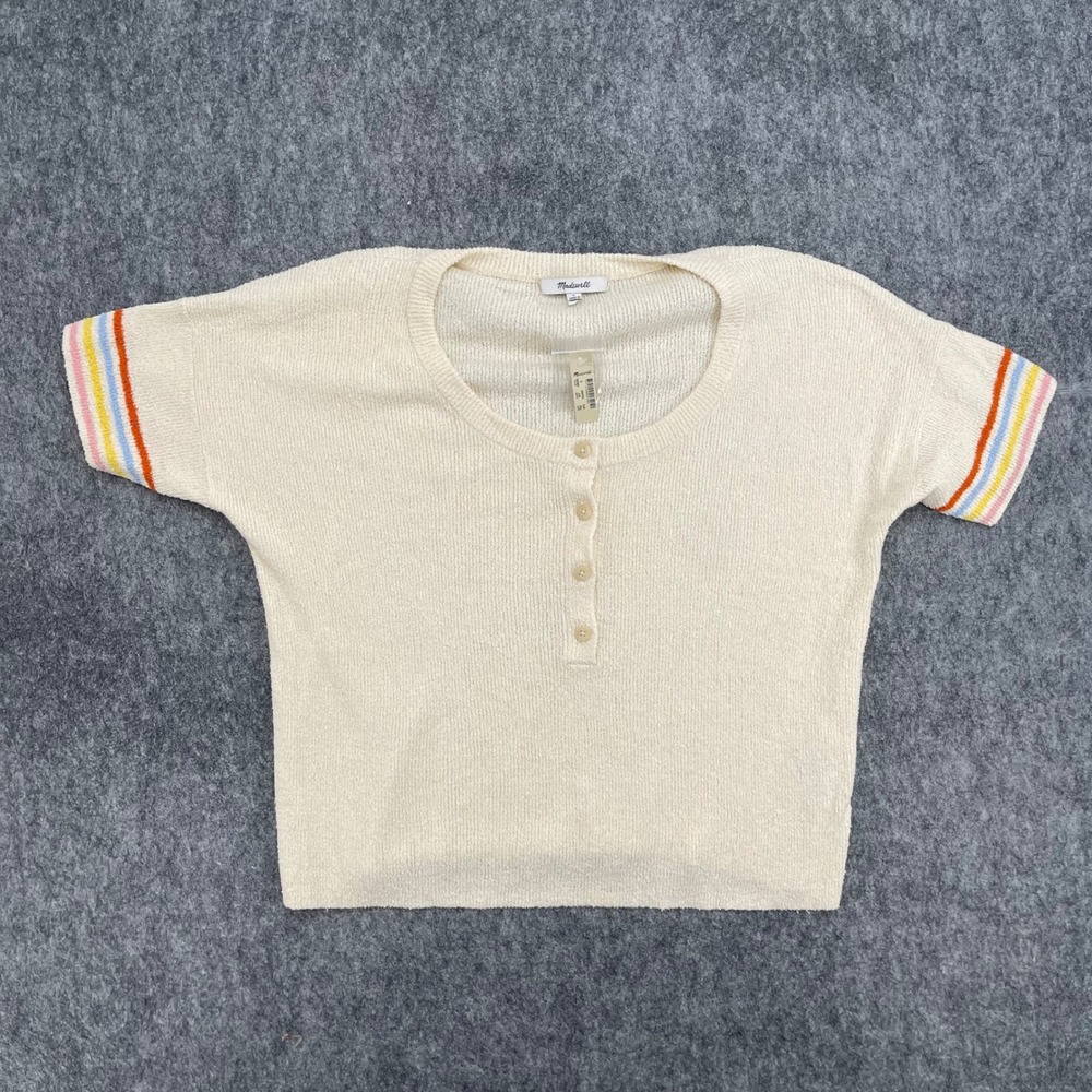 Madewell Sweater Tee Womens Small Ivory Rainbow Stripe Cuff Henley Top NEW